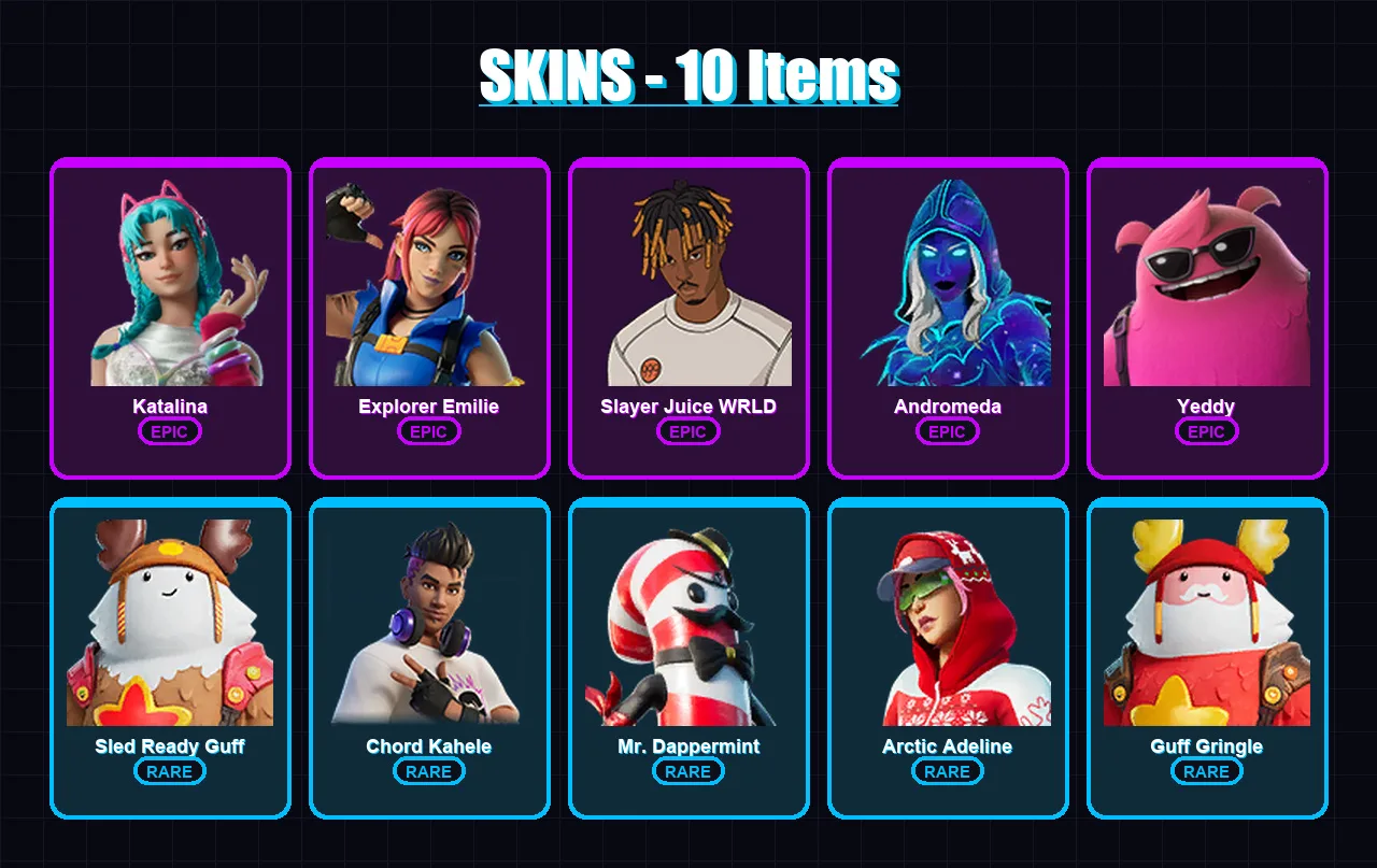 [PC/XBOX] | Katalina | Explorer Emilie | Slayer Juice WRLD | Andromeda | Yeddy | 10 skin | 26 pickaxe | 16 emote | 23 glider | Lv287