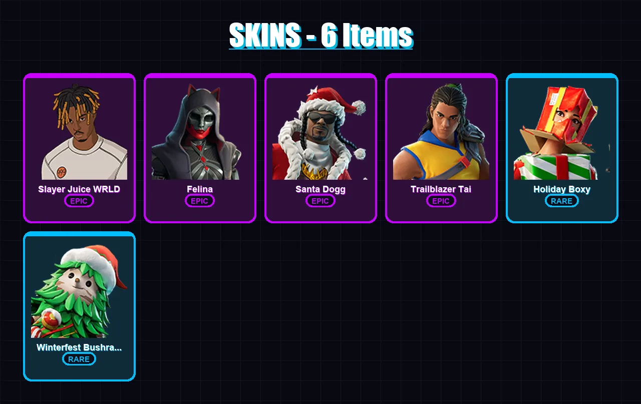 [PS4/PS5/XBOX/PC] | Slayer Juice WRLD | Felina | Santa Dogg | Trailblazer Tai | Holiday Boxy | 6 skin | 40 pickaxe | 18 emote | 35 glider | Lv498