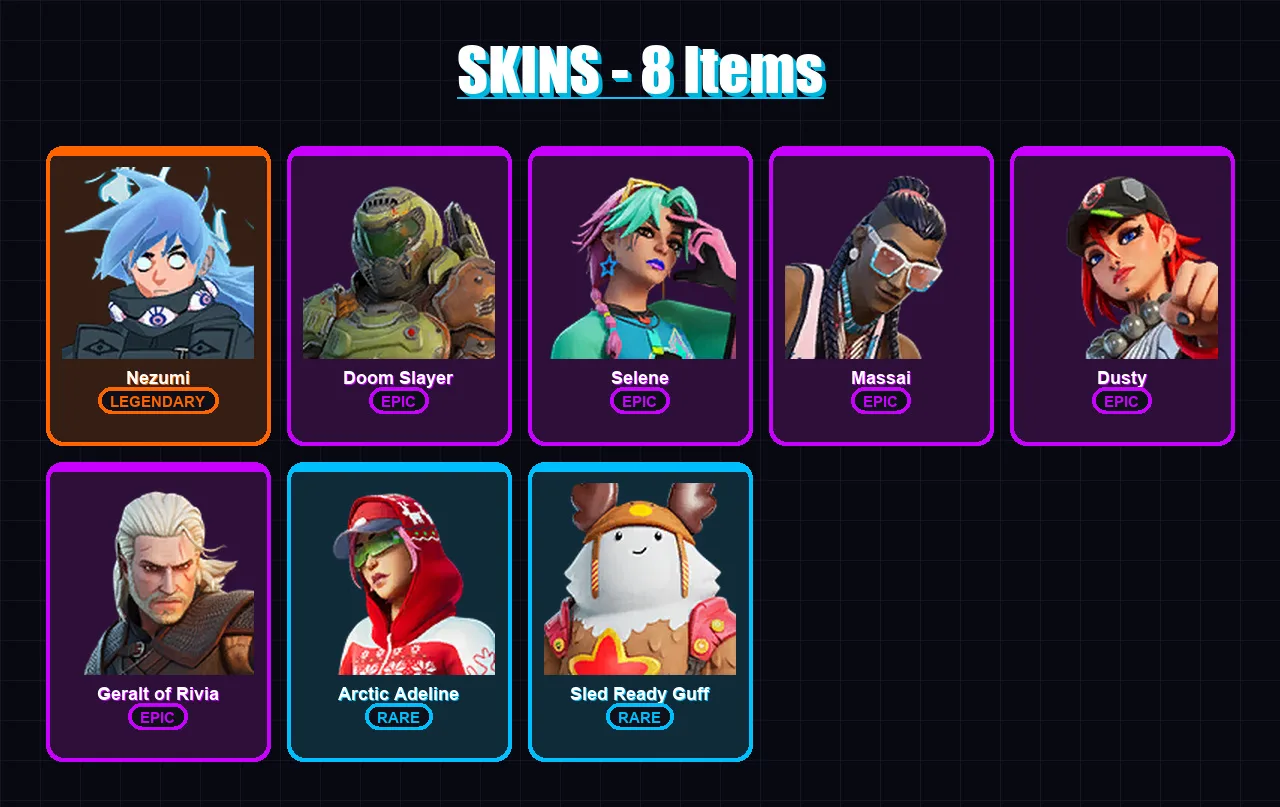 [PC/XBOX/PSN] | Nezumi | Doom Slayer | Selene | Massai | Dusty | 8 skin | 11 pickaxe | 15 emote | 12 glider | Lv99
