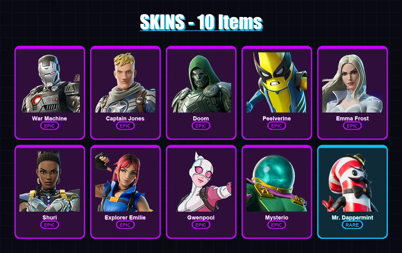 [PC/XBOX/PSN] | War Machine | Captain Jones | Doom | Peelverine | Emma Frost | 10 skin | 15 pickaxe | 13 emote | 13 glider | Lv163
