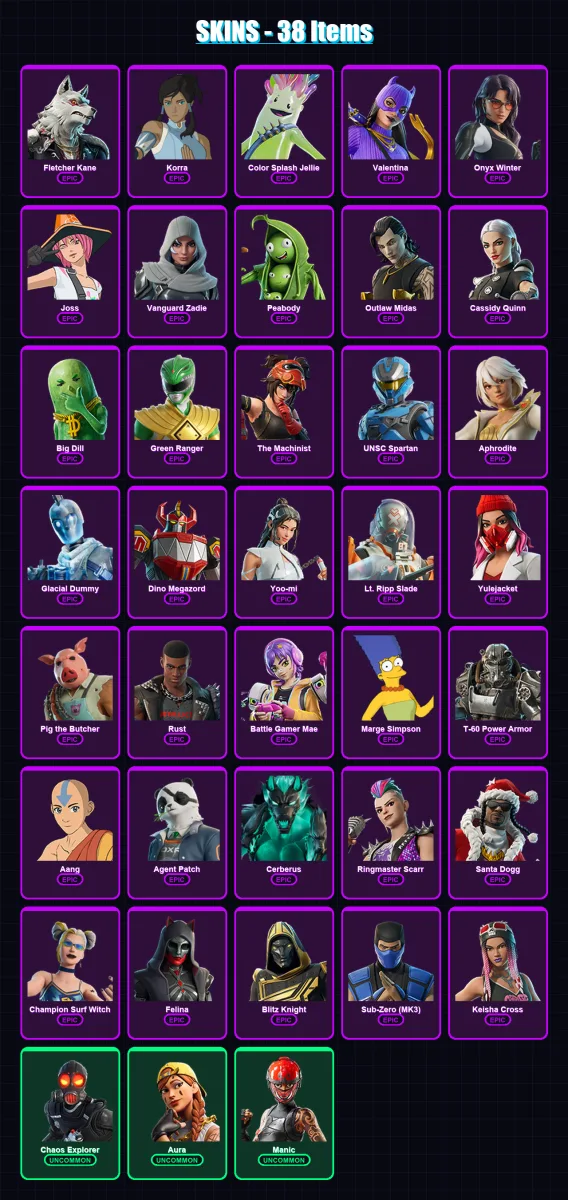 [SWITCH/XBOX/PSN/PC] | Fletcher Kane | Korra | Color Splash Jellie | Valentina | Onyx Winter | 38 skin | 90 pickaxe | 51 emote | 58 glider | Lv800