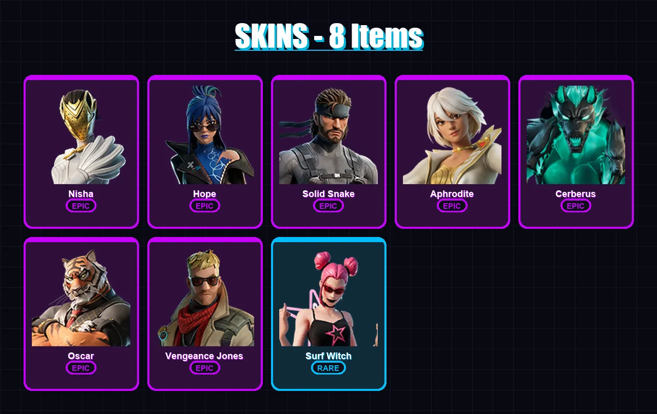 [PC/XBOX/PSN] | Nisha | Hope | Solid Snake | Aphrodite | Cerberus | 8 skin | 9 pickaxe | 11 emote | 10 glider | Lv83