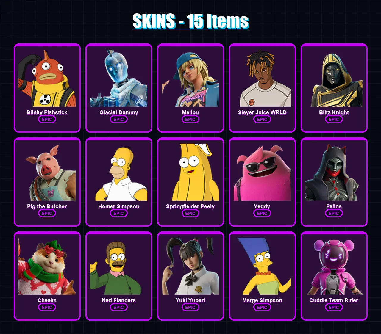 [PC/XBOX/PSN] | Blinky Fishstick | Glacial Dummy | Malibu | Slayer Juice WRLD | Blitz Knight | 15 skin | 55 pickaxe | 21 emote | 36 glider | Lv427