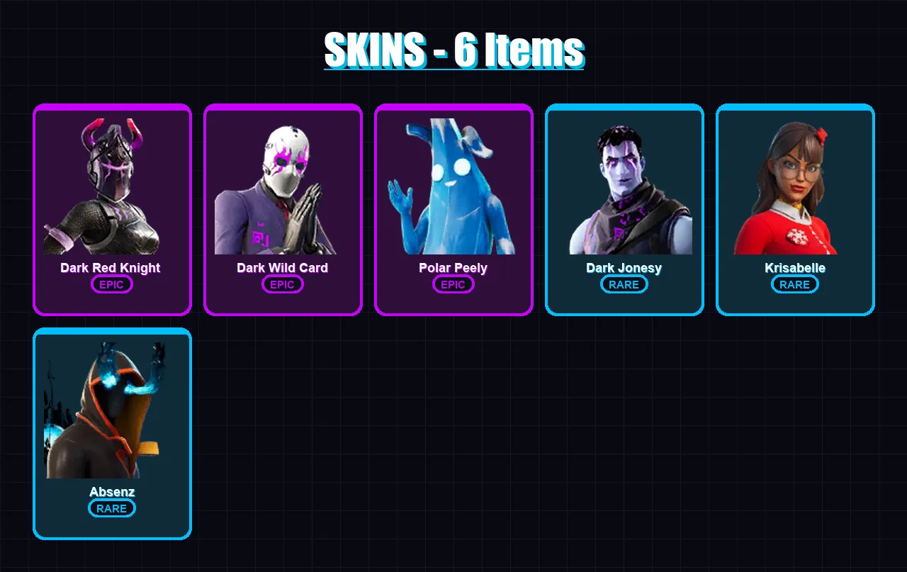 [PS4/PS5/XBOX/PC] | Dark Red Knight  | Dark Wild Card | Polar Peely | Dark Jonesy | Krisabelle | 6 skin | 8 pickaxe | 8 emote | 8 glider | Lv72