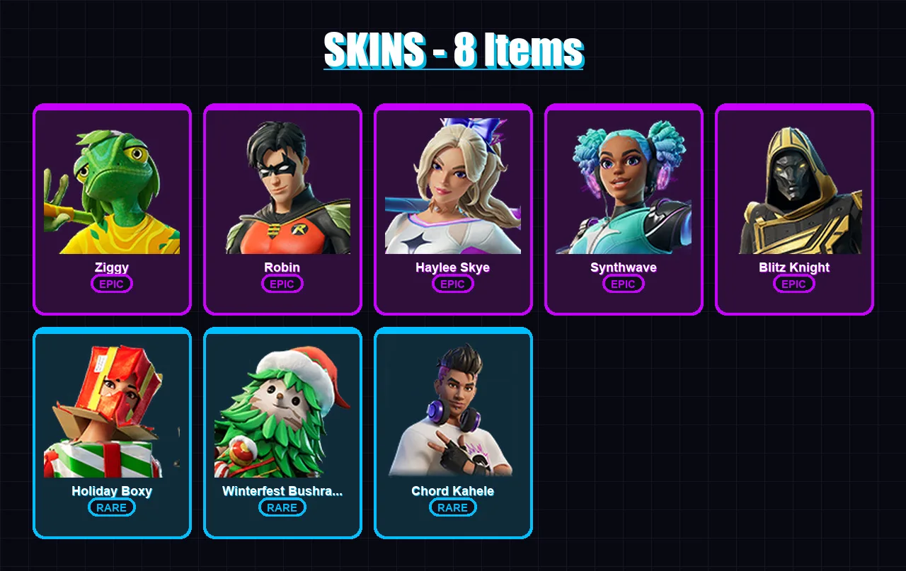 [PC/XBOX] | Ziggy | Robin | Haylee Skye | Synthwave | Blitz Knight | 8 skin | 18 pickaxe | 9 emote | 18 glider | Lv144