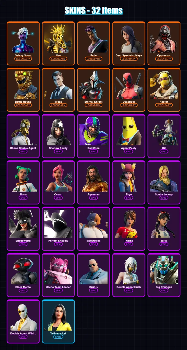 [PC/XBOX/PSN] | Galaxy Scout | Oro | Fade | Gear Specialist Maya | Oppressor | 32 skin | 23 pickaxe | 25 emote | 28 glider | Lv431
