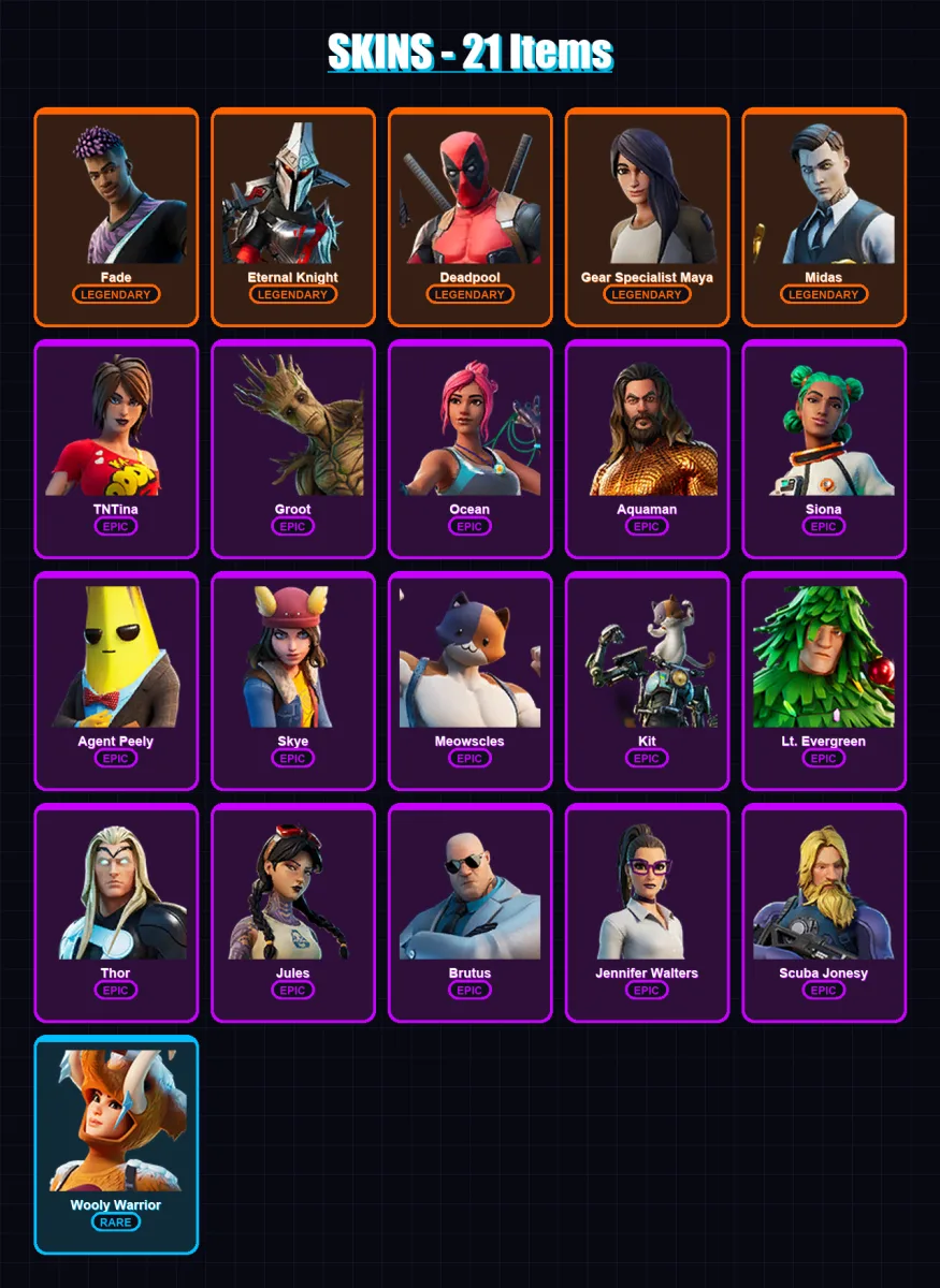 [PC/XBOX/PSN] | Fade | Eternal Knight | Deadpool | Gear Specialist Maya | Midas | 21 skin | 27 pickaxe | 30 emote | 29 glider | Lv354