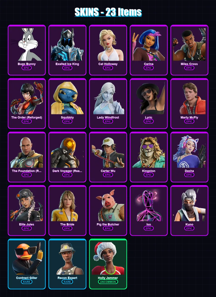 [PC/XBOX/PSN] | Bugs Bunny | Exalted Ice King | Cat Holloway | Carina | Miles Cross | 23 skin | 37 pickaxe | 26 emote | 29 glider | Lv486