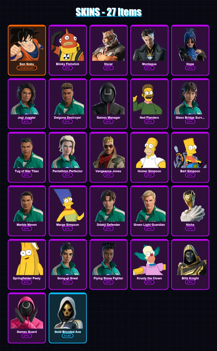 [PC/XBOX] | Son Goku | Blinky Fishstick | Oscar | Montague | Hope | 27 skin | 44 pickaxe | 28 emote | 29 glider | Lv394 — Fortnite account