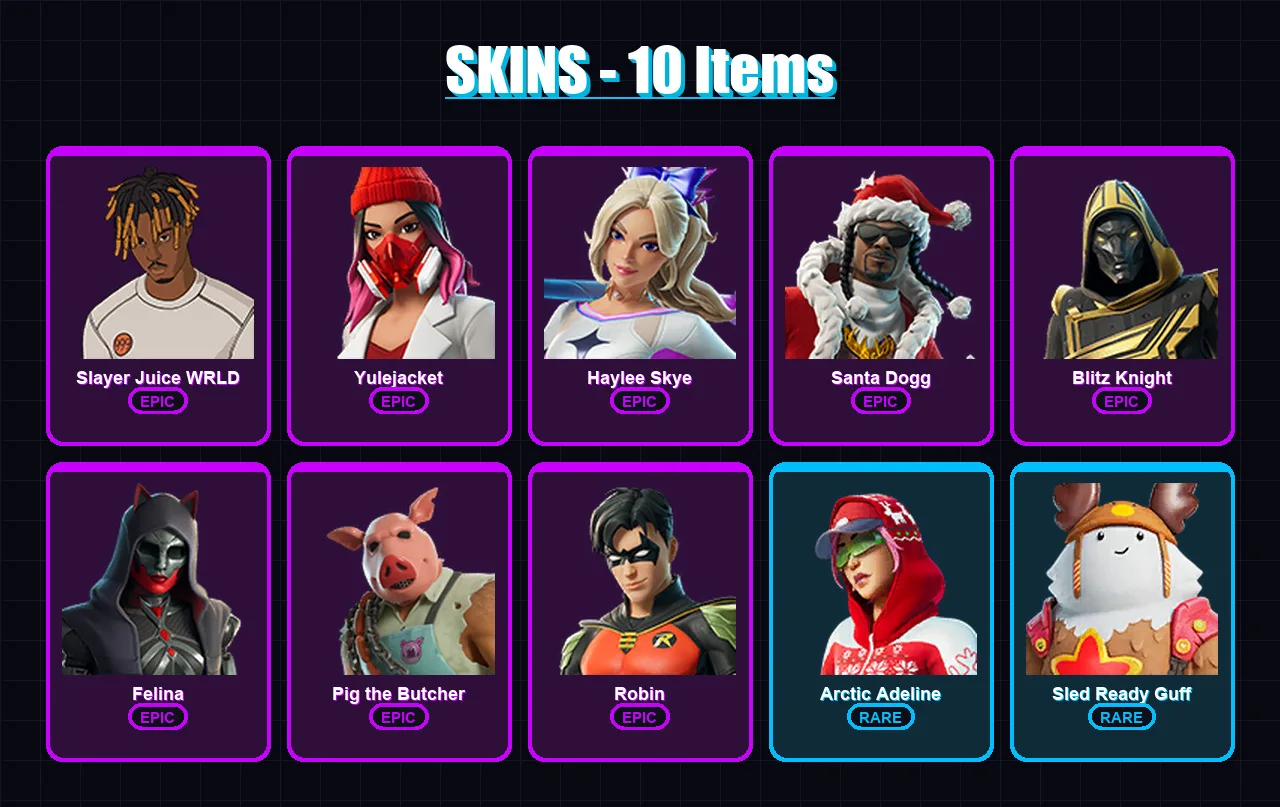 [PC/PSN] | Slayer Juice WRLD | Yulejacket | Haylee Skye | Santa Dogg | Blitz Knight | 10 skin | 52 pickaxe | 21 emote | 34 glider | Lv509