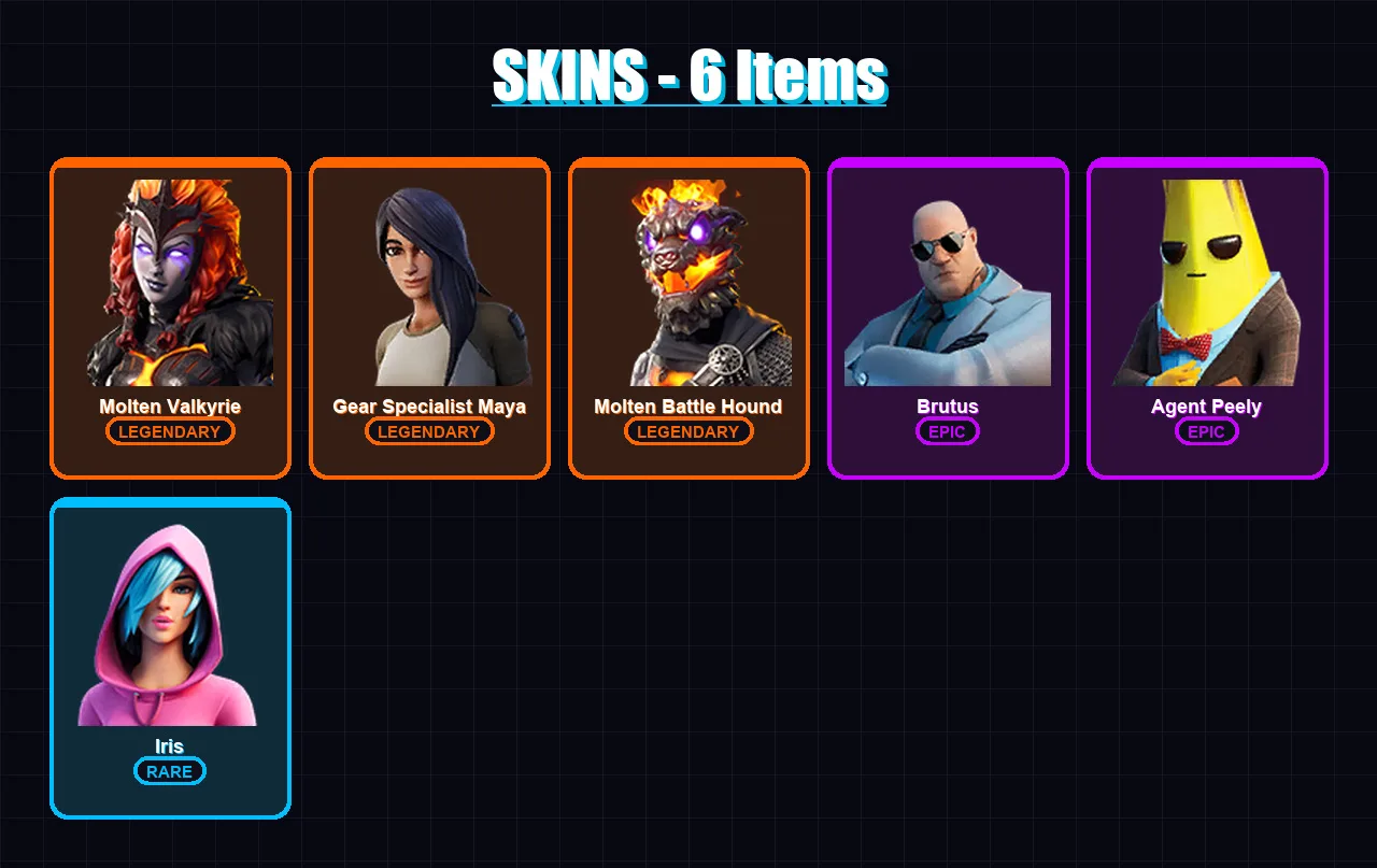 [PC/XBOX/PSN] | Molten Valkyrie | Gear Specialist Maya | Molten Battle Hound | Brutus | Agent Peely | 6 skin | 5 pickaxe | 6 emote | 6 glider | Lv63