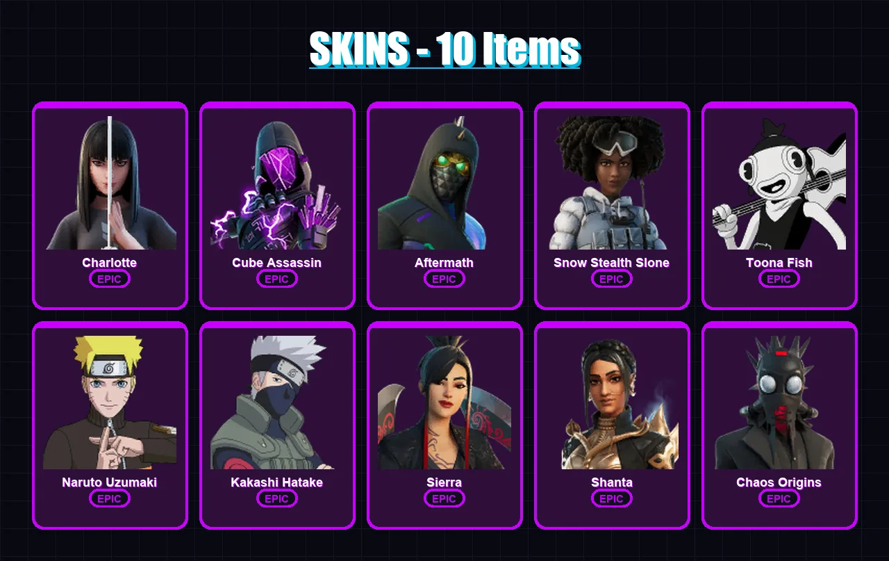 [PS4/PS5/PC] | Charlotte | Cube Assassin | Aftermath | Snow Stealth Slone | Toona Fish | 10 skin | 10 pickaxe | 3 emote | 6 glider | Lv36