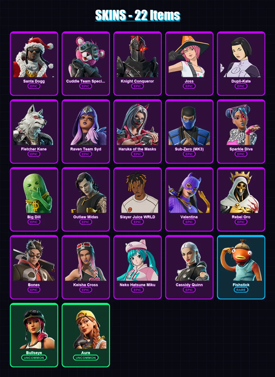 [PC/XBOX/PSN] | Santa Dogg | Cuddle Team Specialist | Knight Conqueror | Joss | Dupli-Kate | 22 skin | 44 pickaxe | 29 emote | 33 glider | Lv437