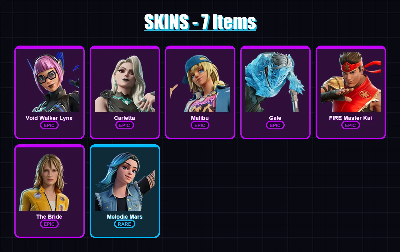 [PC/PSN] | Void Walker Lynx | Carletta | Malibu | Gale | FIRE Master Kai | 7 skin | 8 pickaxe | 6 emote | 7 glider | Lv19