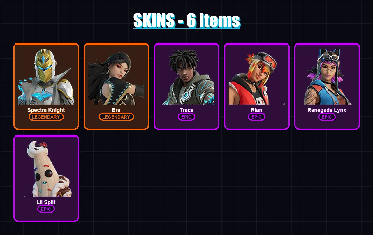[PC/XBOX/PSN] | Spectra Knight | Era | Trace | Rian | Renegade Lynx | 6 skin | 9 pickaxe | 6 emote | 9 glider | Lv71