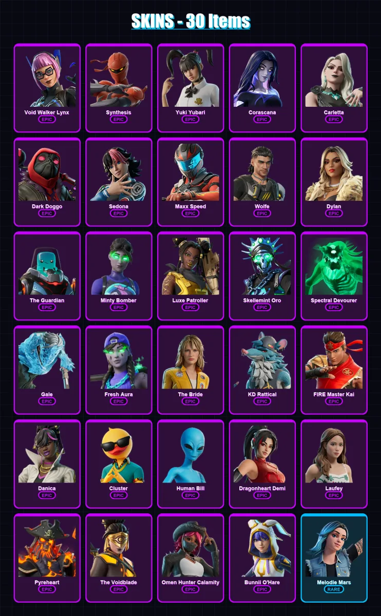 [PC/XBOX/PSN] | Void Walker Lynx | Synthesis | Yuki Yubari | Corascana | Carletta | 30 skin | 38 pickaxe | 22 emote | 20 glider | Lv178