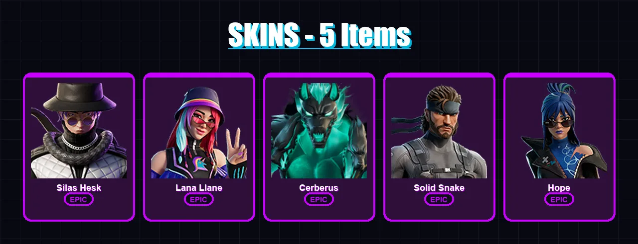 [PC/XBOX/PSN] | Silas Hesk | Lana Llane | Cerberus | Solid Snake | Hope | 5 skin | 13 pickaxe | 6 emote | 8 glider | Lv49