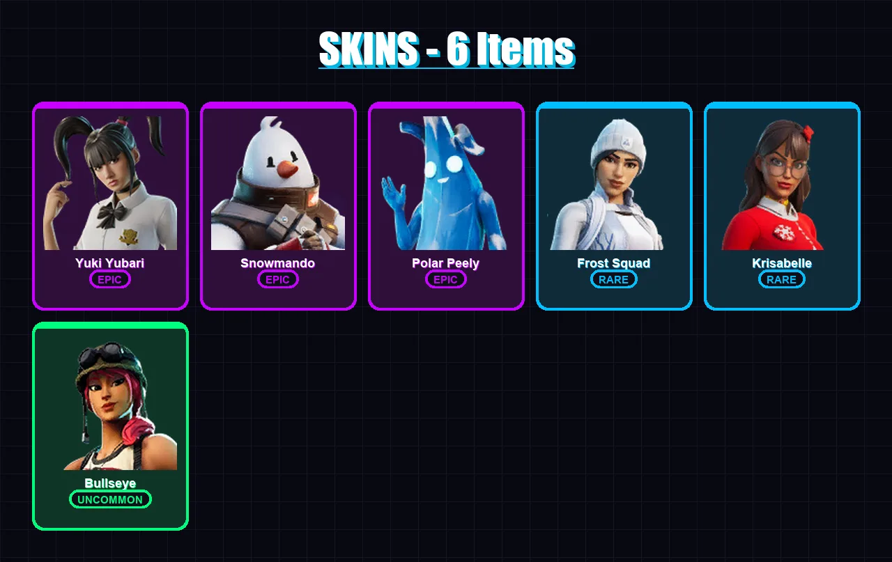 [PC/XBOX/PSN] | Yuki Yubari | Snowmando | Polar Peely | Frost Squad | Krisabelle | 6 skin | 48 pickaxe | 36 emote | 40 glider | Lv956