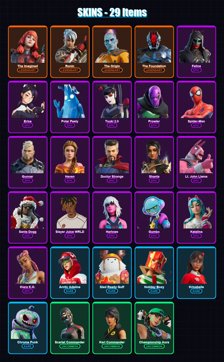 [PC/XBOX] | The Imagined | Ronin | The Origin | The Foundation | Felina | 29 skin | 48 pickaxe | 30 emote | 37 glider | Lv563