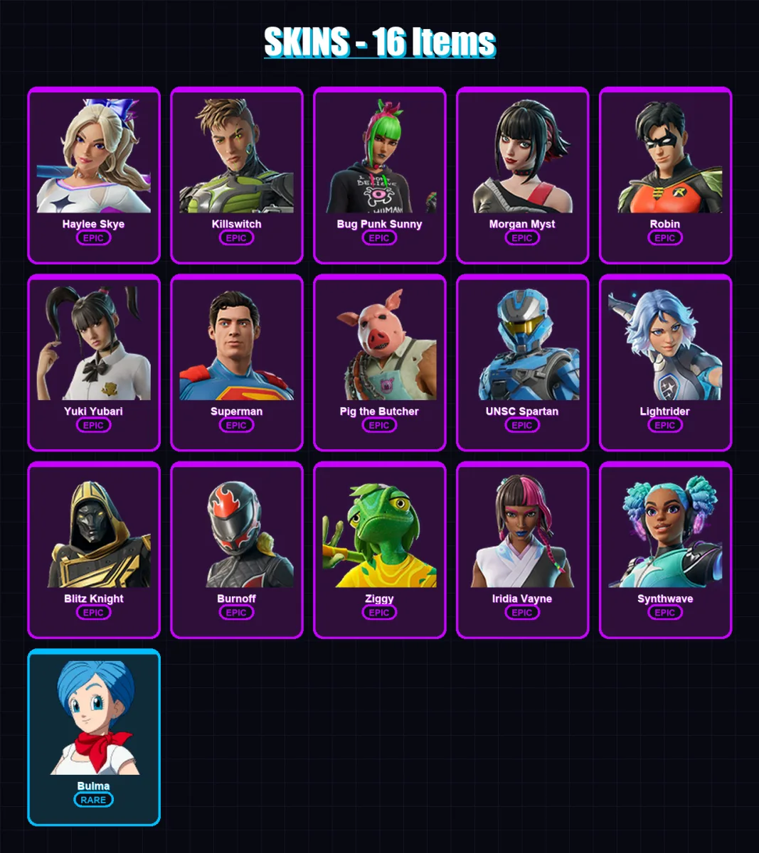 [PC/XBOX/PSN] | Haylee Skye | Killswitch | Bug Punk Sunny | Morgan Myst | Robin | 16 skin | 48 pickaxe | 23 emote | 27 glider | Lv492