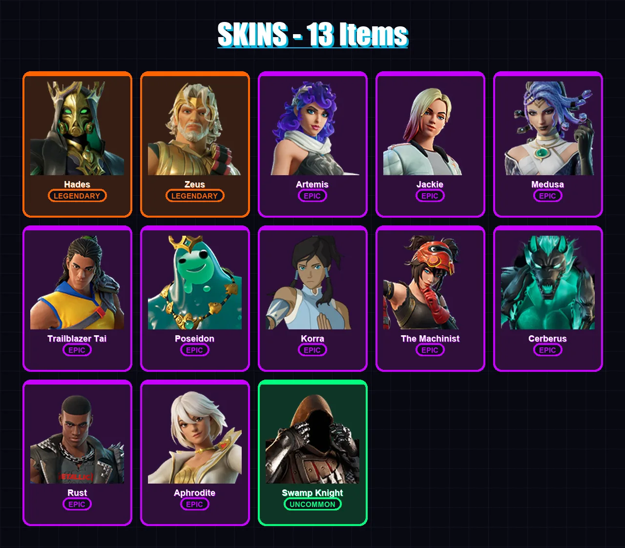 [PC/XBOX/PSN] | Hades | Zeus | Artemis | Jackie | Medusa | 13 skin | 29 pickaxe | 15 emote | 21 glider | Lv346