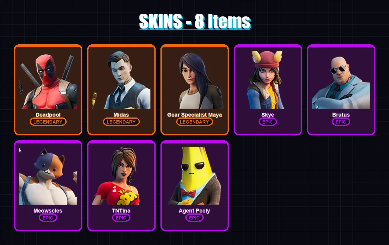 [SWITCH/XBOX/PSN/PC] | Deadpool | Midas | Gear Specialist Maya | Skye | Brutus | 8 skin | 8 pickaxe | 18 emote | 11 glider | Lv148