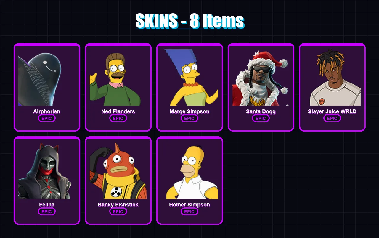 [PC/XBOX/PSN] | Airphorian | Ned Flanders | Marge Simpson | Santa Dogg | Slayer Juice WRLD | 8 skin | 47 pickaxe | 22 emote | 31 glider | Lv644