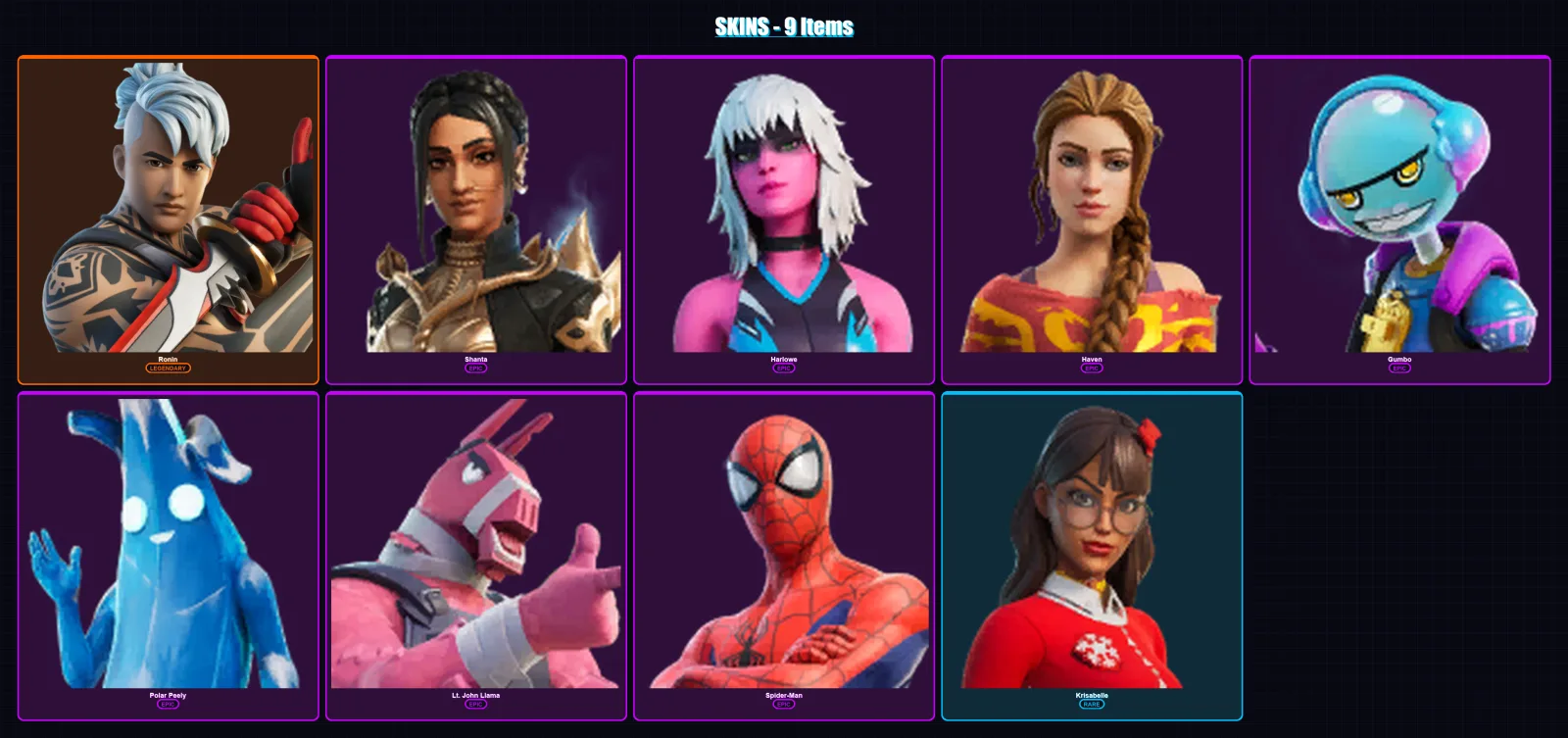 [PC/XBOX/PSN] | Ronin | Shanta | Harlowe | Haven | Gumbo | 9 skin | 16 pickaxe | 14 emote | 21 glider | Lv217
