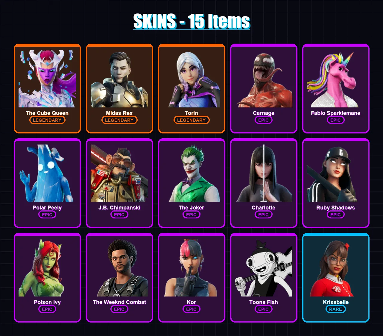 [PC/PSN] | The Cube Queen | Midas Rex | Torin | Carnage | Fabio Sparklemane | 15 skin | 36 pickaxe | 29 emote | 33 glider | Lv511