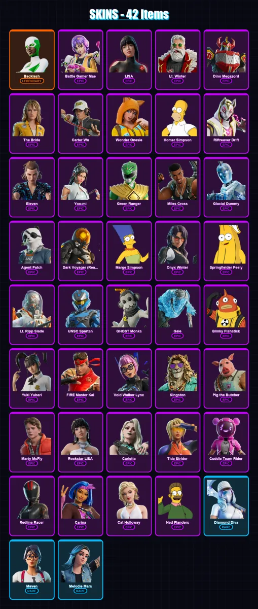 [PC/XBOX/PSN] | Backlash | Battle Gamer Mae | LISA | Lt. Winter | Dino Megazord | 42 skin | 57 pickaxe | 38 emote | 34 glider | Lv746