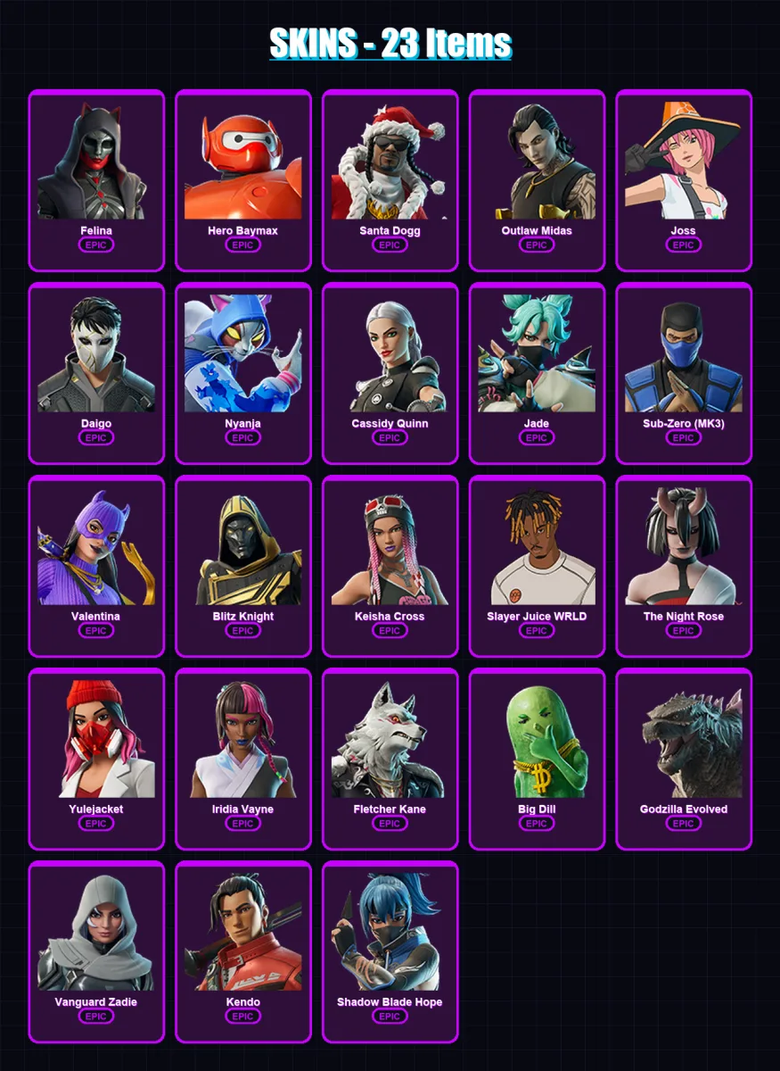 [PC/PSN] | Felina | Hero Baymax | Santa Dogg | Outlaw Midas | Joss | 23 skin | 84 pickaxe | 41 emote | 55 glider | Lv1192 — Game account