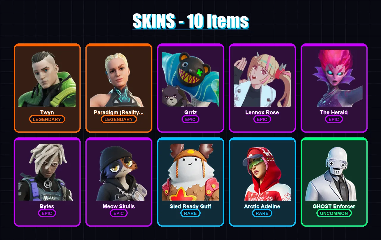 [PC/PSN] | Twyn | Paradigm (Reality-659) | Grriz | Lennox Rose | The Herald | 10 skin | 12 pickaxe | 8 emote | 12 glider | Lv105