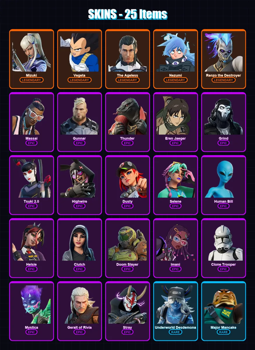 [PC/PSN] | Mizuki | Vegeta | The Ageless | Nezumi | Renzo the Destroyer | 25 skin | 31 pickaxe | 27 emote | 34 glider | Lv521