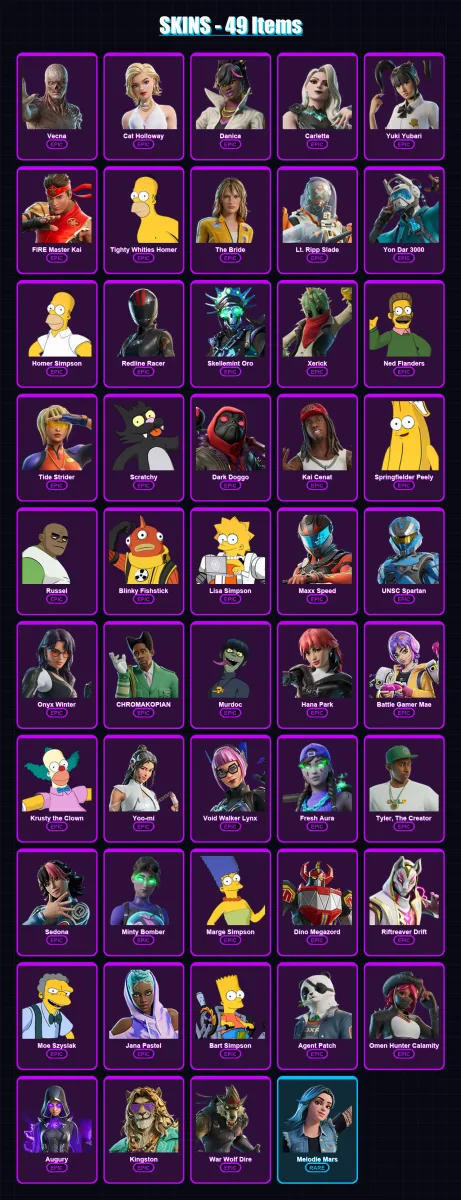 [PC/XBOX/PSN] | Vecna | Cat Holloway | Danica | Carletta | Yuki Yubari | 49 skin | 79 pickaxe | 52 emote | 34 glider | Lv380
