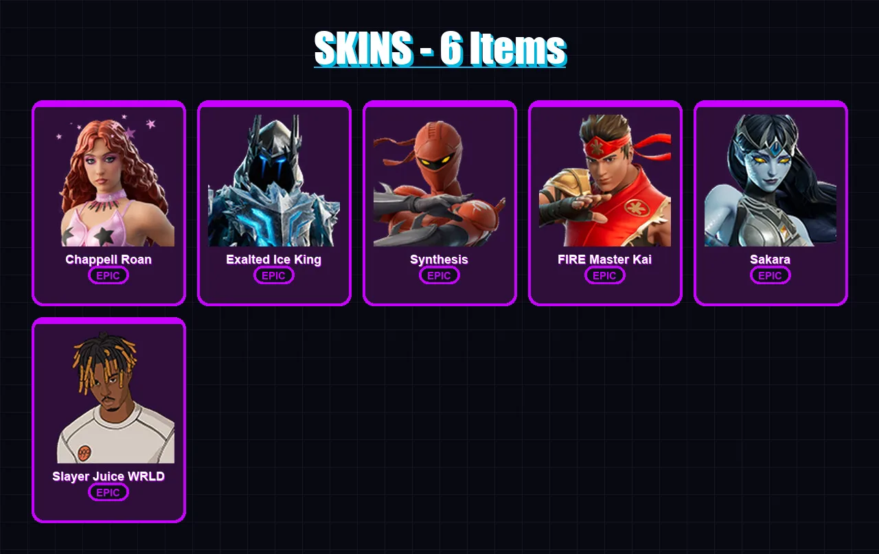 [PC/PSN] | Chappell Roan | Exalted Ice King | Synthesis | FIRE Master Kai | Sakara | 6 skin | 7 pickaxe | 3 emote | 8 glider | Lv118