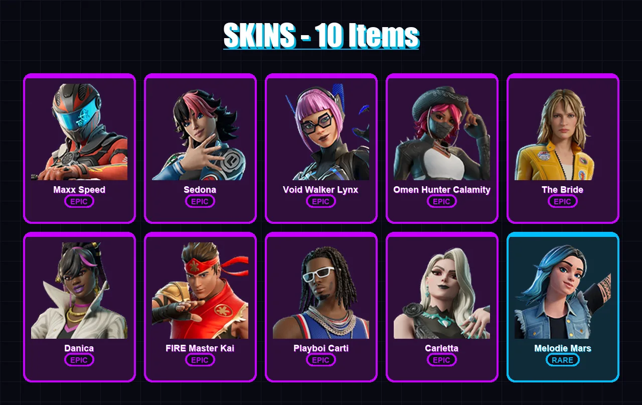 [PS4/PS5/PC] | Maxx Speed | Sedona | Void Walker Lynx | Omen Hunter Calamity | The Bride | 10 skin | 3 pickaxe | 4 emote | 3 glider | Lv10