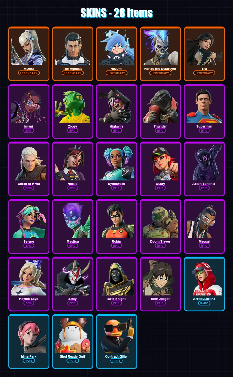 [PC/XBOX] | Mizuki | The Ageless | Nezumi | Renzo the Destroyer | Era | 28 skin | 45 pickaxe | 30 emote | 41 glider | Lv427