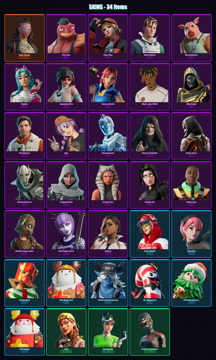 [PS4/PS5/PC] | Kado Thorne | Fish Thicc | Piper Pace | Nolan Chance | Pig the Butcher | 34 skin | 87 pickaxe | 47 emote | 58 glider | Lv980