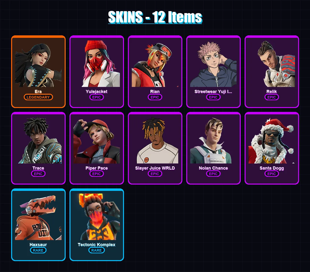 [PS4/PS5/XBOX/PC] | Era | Yulejacket | Rian | Streetwear Yuji Itadori | Relik | 12 skin | 33 pickaxe | 13 emote | 26 glider | Lv321