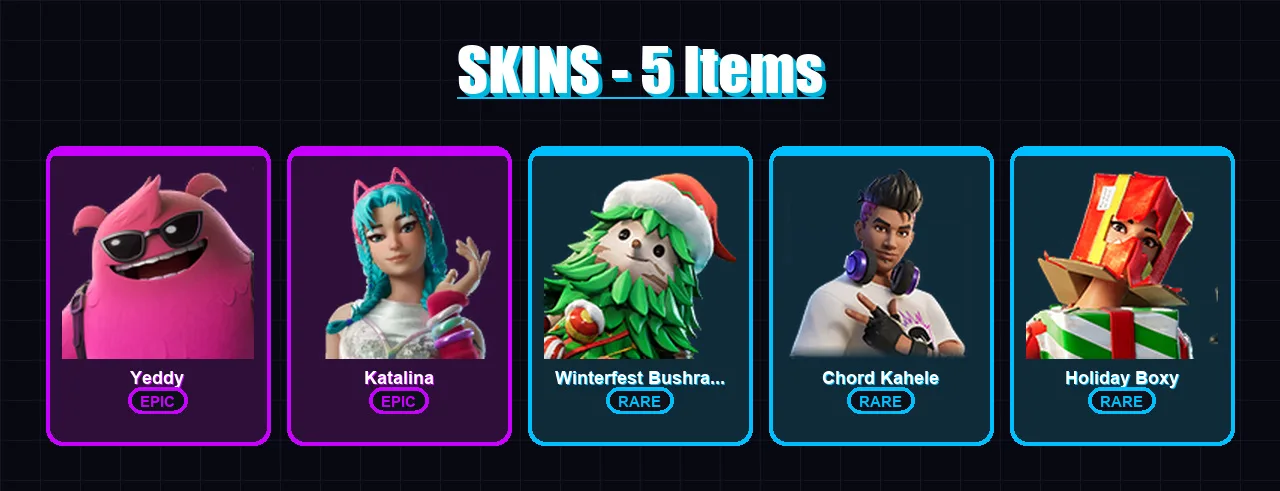 [PC/XBOX/PSN] | Yeddy | Katalina | Winterfest Bushranger | Chord Kahele | Holiday Boxy | 5 skin | 4 pickaxe | 2 emote | 5 glider | Lv60