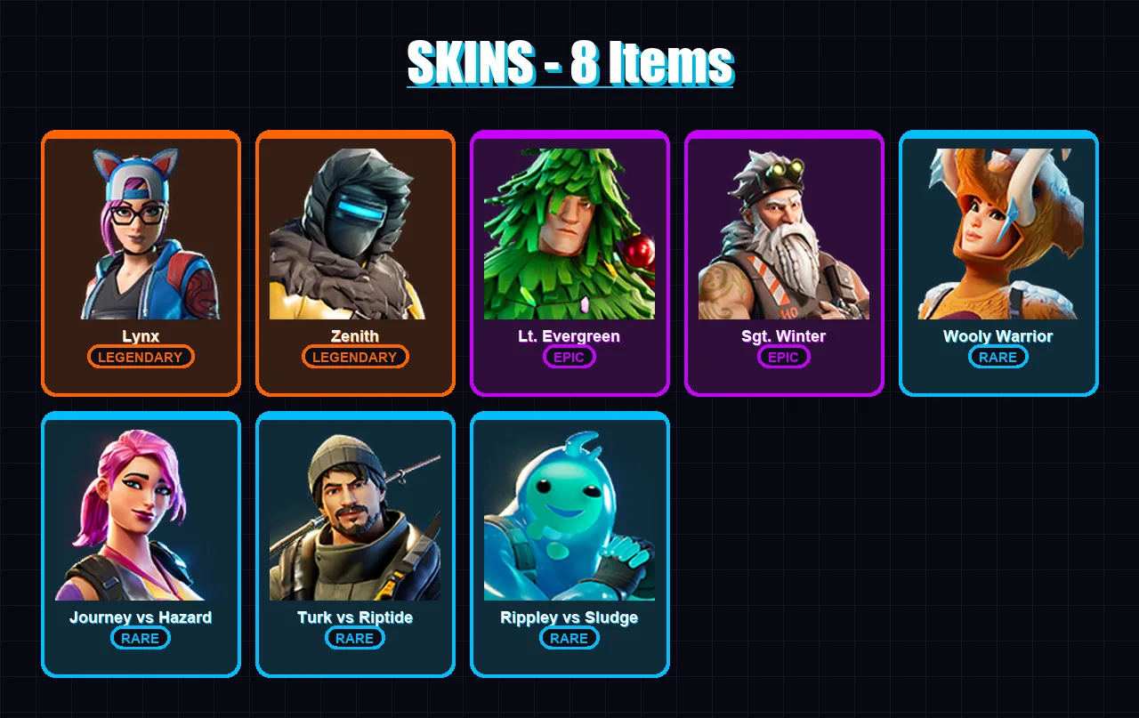[PC/XBOX/PSN] | Lynx | Zenith | Lt. Evergreen | Sgt. Winter | Wooly Warrior | 8 skin | 8 pickaxe | 13 emote | 13 glider | Lv187