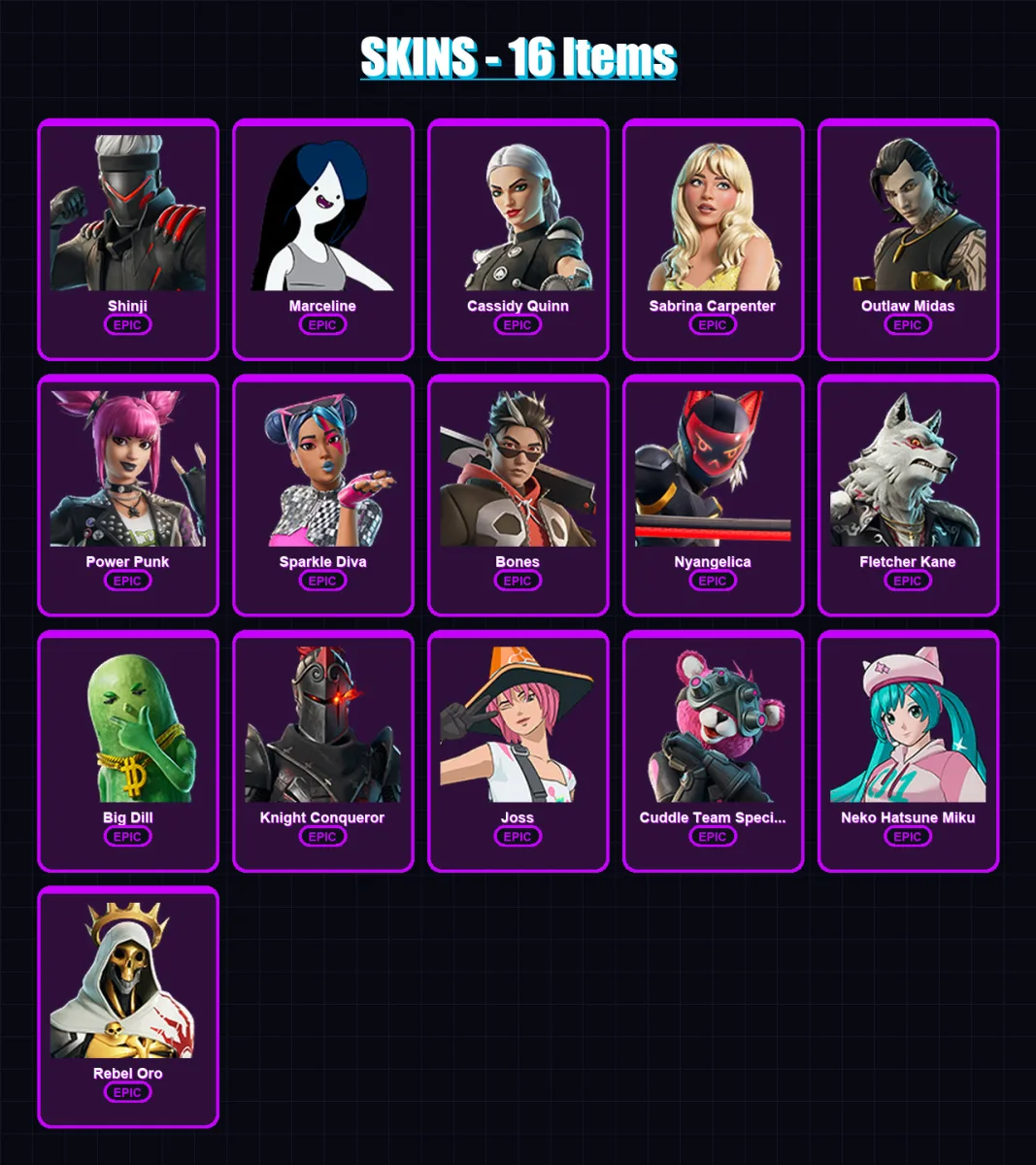 [PS4/PS5/XBOX/PC] | Shinji | Marceline | Cassidy Quinn | Sabrina Carpenter | Outlaw Midas | 16 skin | 28 pickaxe | 19 emote | 19 glider | Lv164 — Fortnite account