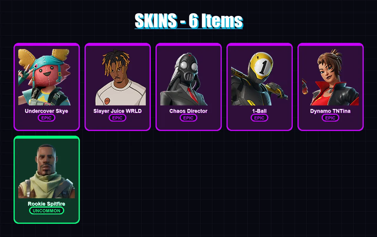 [PC/PSN] | Undercover Skye | Slayer Juice WRLD | Chaos Director | 1-Ball | Dynamo TNTina | 6 skin | 23 pickaxe | 16 emote | 19 glider | Lv139