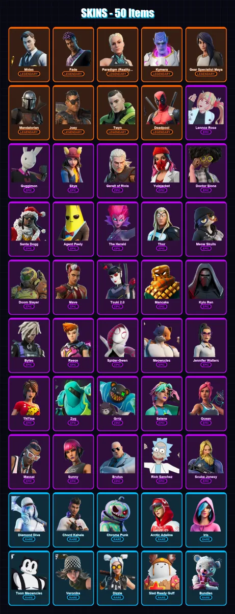 [PS4/PS5/XBOX/PC] | Midas | Fade | Paradigm (Reality-659) | Kymera | Gear Specialist Maya | 50 skin | 71 pickaxe | 36 emote | 58 glider | Lv778