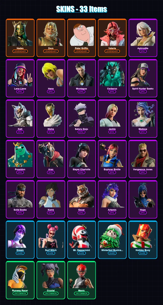 [PC/PSN] | Hades | Zeus | Peter Griffin | Valeria | Aphrodite | 33 skin | 48 pickaxe | 37 emote | 31 glider | Lv501