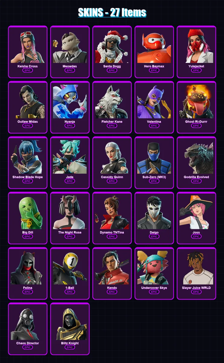 [PC/XBOX/PSN] | Keisha Cross | Meowdas | Santa Dogg | Hero Baymax | Yulejacket | 27 skin | 65 pickaxe | 40 emote | 43 glider | Lv989 — Fortnite account