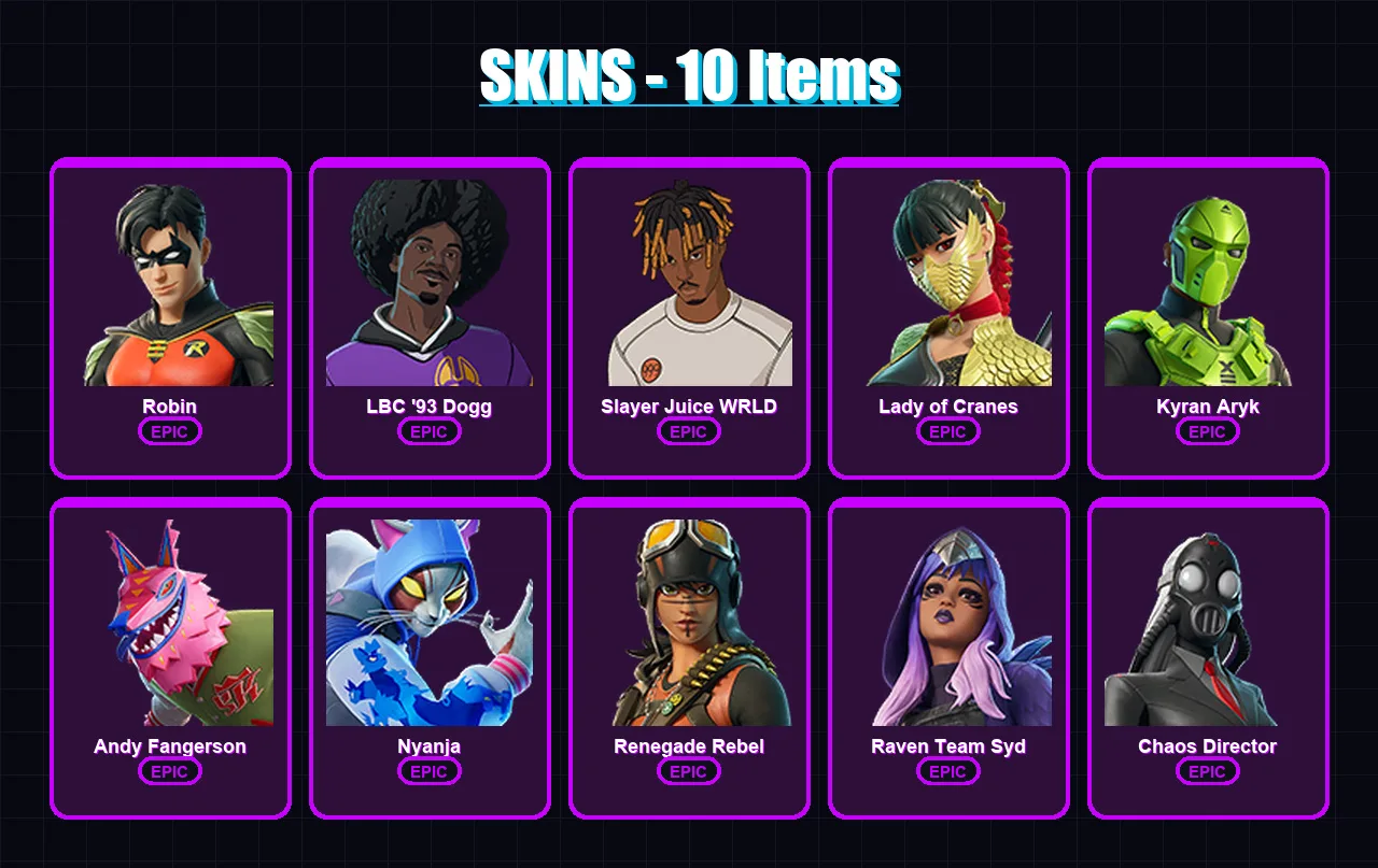 [PC/XBOX/PSN] | Robin | LBC '93 Dogg | Slayer Juice WRLD | Lady of Cranes | Kyran Aryk | 10 skin | 5 pickaxe | 2 emote | 1 glider | Lv5 — Fortnite account