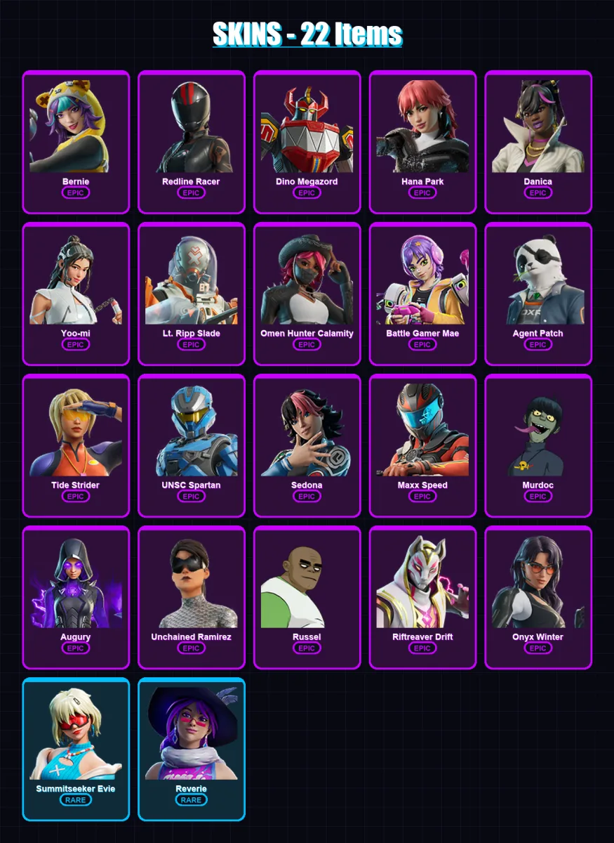 [PC/PSN] | Bernie | Redline Racer | Dino Megazord | Hana Park | Danica | 22 skin | 32 pickaxe | 21 emote | 16 glider | Lv144