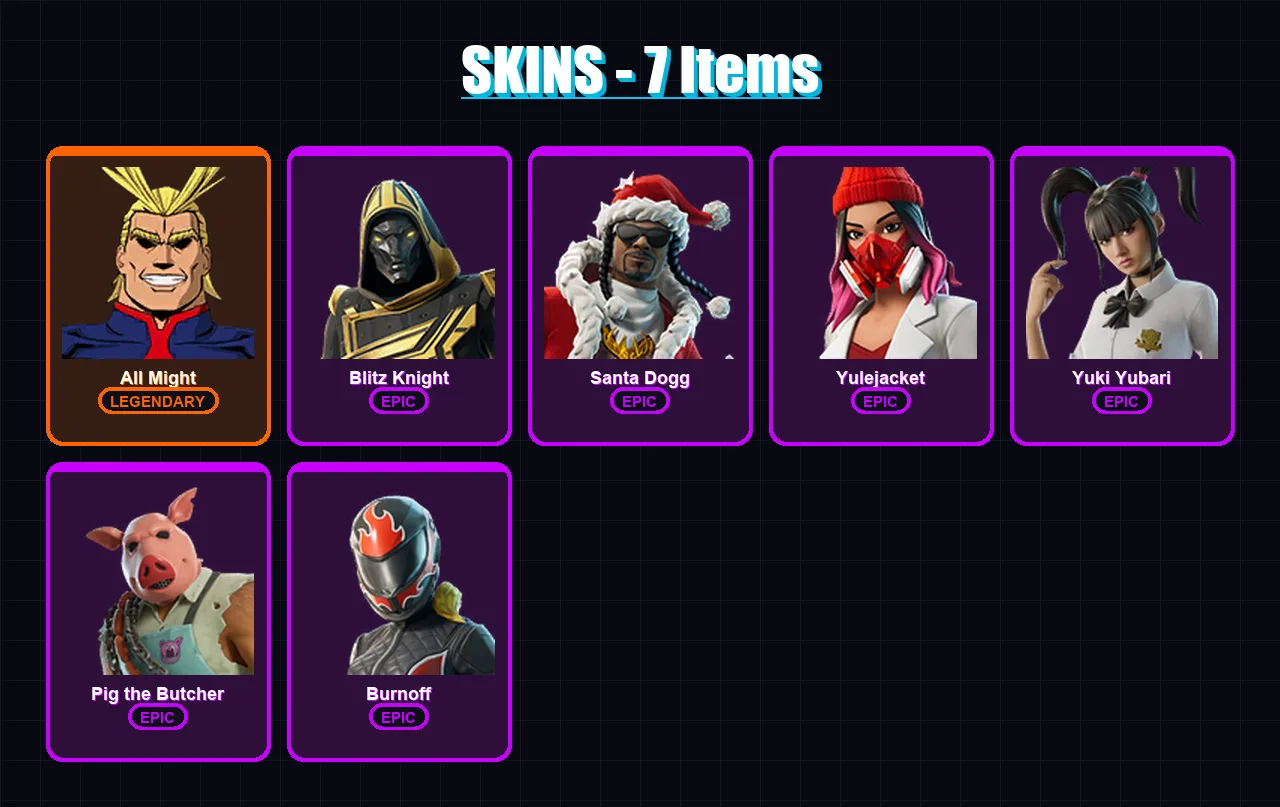 [PC/PSN] | All Might | Blitz Knight | Santa Dogg | Yulejacket | Yuki Yubari | 7 skin | 41 pickaxe | 15 emote | 28 glider | Lv299
