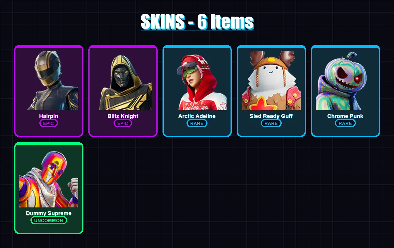 [PC] | Hairpin | Blitz Knight | Arctic Adeline | Sled Ready Guff | Chrome Punk | 6 skin | 45 pickaxe | 22 emote | 36 glider | Lv712